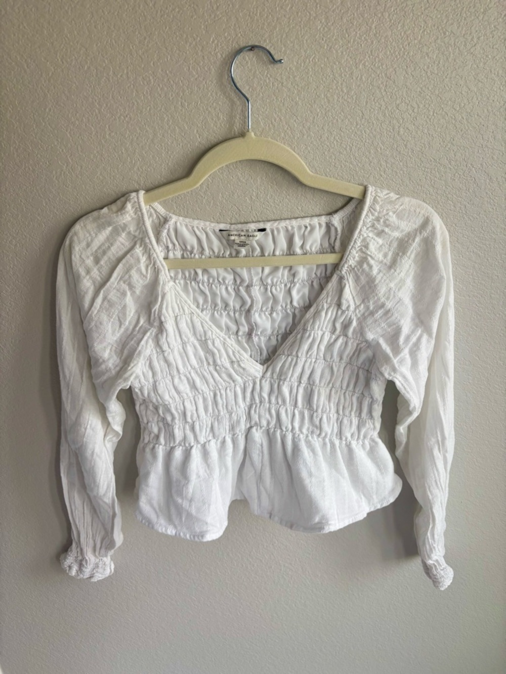 American Eagle Outfitters White Smocked V-Neck Peasant Top